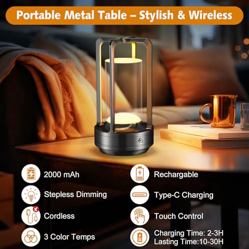 Image of Portable Table Lamp for Outdoor Indoor: Cordless Rechargeable Desk Lamp with 3 Color Stepless Dimmable - Metal Battery Operated Lantern Light for Bedroom /Bar /Coffee Shop /Camping (Graphite)