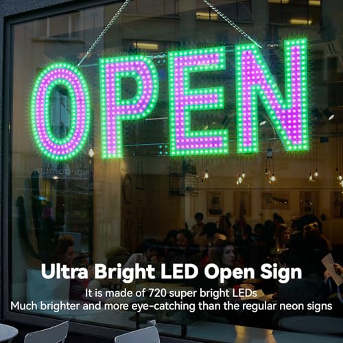 Image of Large LED Open Signs for Business Super Bright - 30x10 in Dimmable Plug-in Electric Neon Sign with Hanging Chain, Flashing Light Signs for Big Window Bar Cafe Salon Barber Shop Pink /Green
