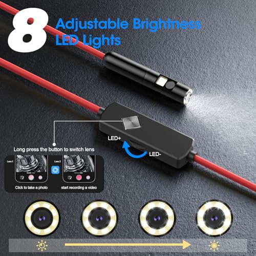 Image of Endoscope with Light, 1920P HD Borescope with 8 Adjustable LED Lights, Semi-Rigid Snake Camera, IP67 Waterproof Inspection Tool for iPhone & Android - 32.8FT-Dual Lens (Yellow)