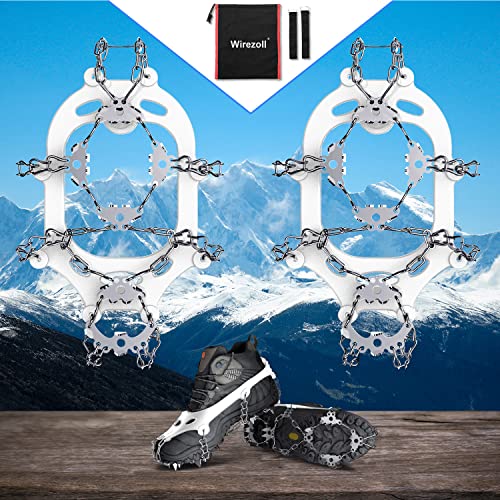 Wirezoll Ice Cleats, Crampons for Hiking Boots and Snow Shoes Climbing Spikes Grippers for Traction with Chains for Men Women 24 Teeth White,XL