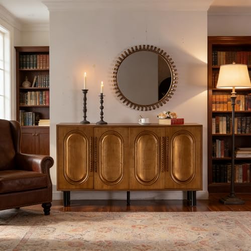 Image of 60 inch Large Storage Cabinet with Doors - Sideboard Cabinet & Credenza Storage Cabinet, Mid Century Modern Buffet Cabinet, Solid Wood Frame Storage Cabinet for Entryway & Dining Room
