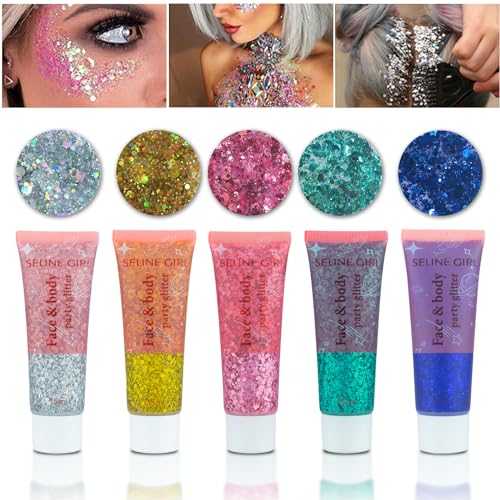  5 pz Face Chunky Glitter Gel,75 ml Mermaid Paillettes per corpo e capelli e viso e occhi e labbra, festival olografico glitter per feste show nightclub art