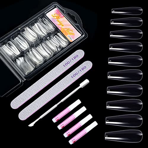 LIAMERHE 100 Pièces Faux Ongles Transparent 10 Tailles French Capsule Ongles Acrylique pour Nail Art Long Artificiel Ongles Kit Pose Ongles avec Colle Limes à Ongles Pousse Cuticule (Type1) Cover