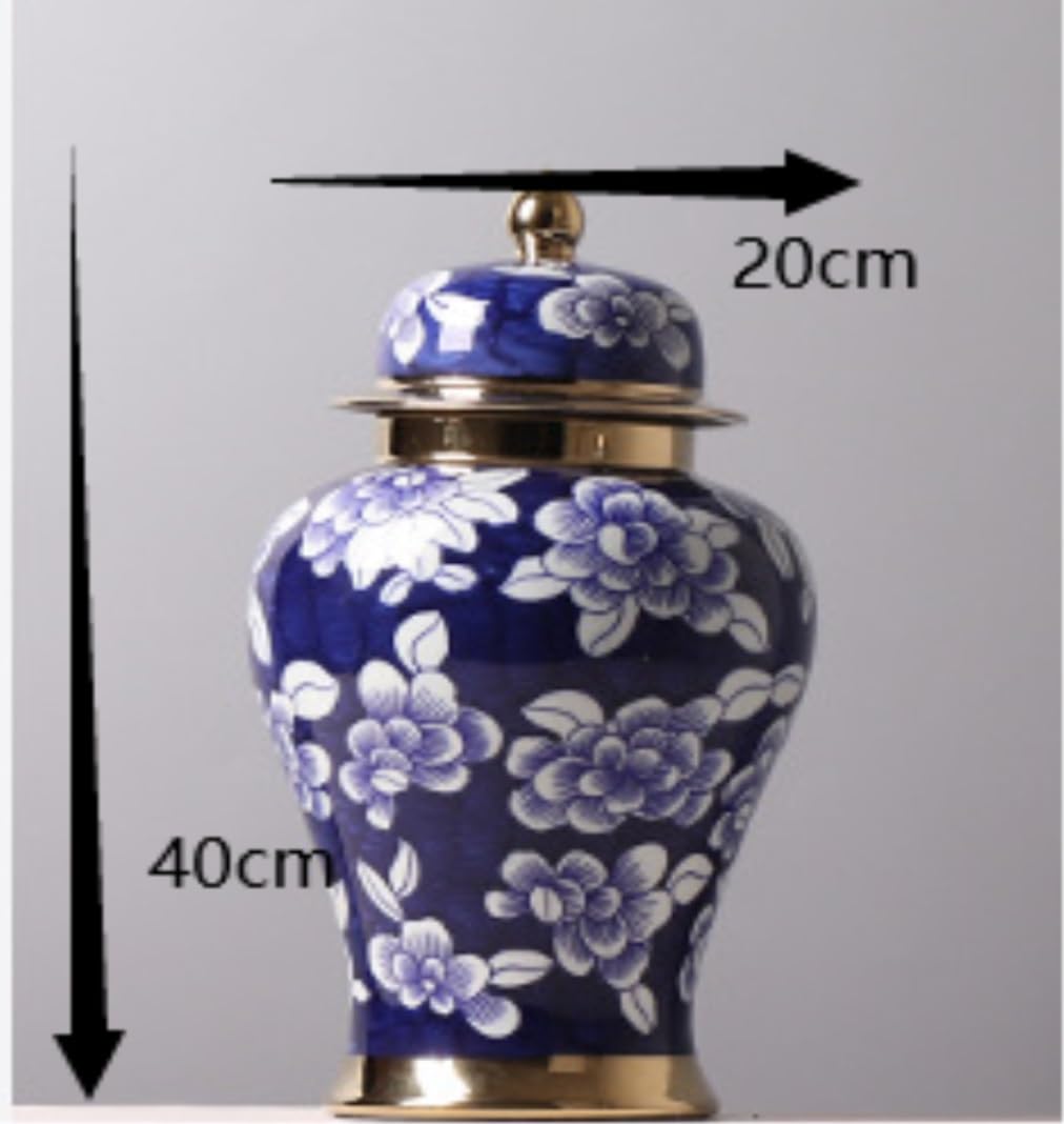Tarro decorativo grande de porcelana con tapa, jarrón con estampado floral azul y blanco, borde dorado, tarro de jengibre para decoración del hogar, estilo templo, 9 x 17.5 pulgadas