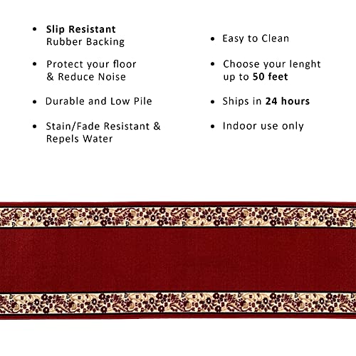 Custom Size Flower Bordered Design Red Color Rubber Backed Non-Slip Hallway Stair Runner Rug Carpet 26 Inch Wide by Your Length 26in x 6ft