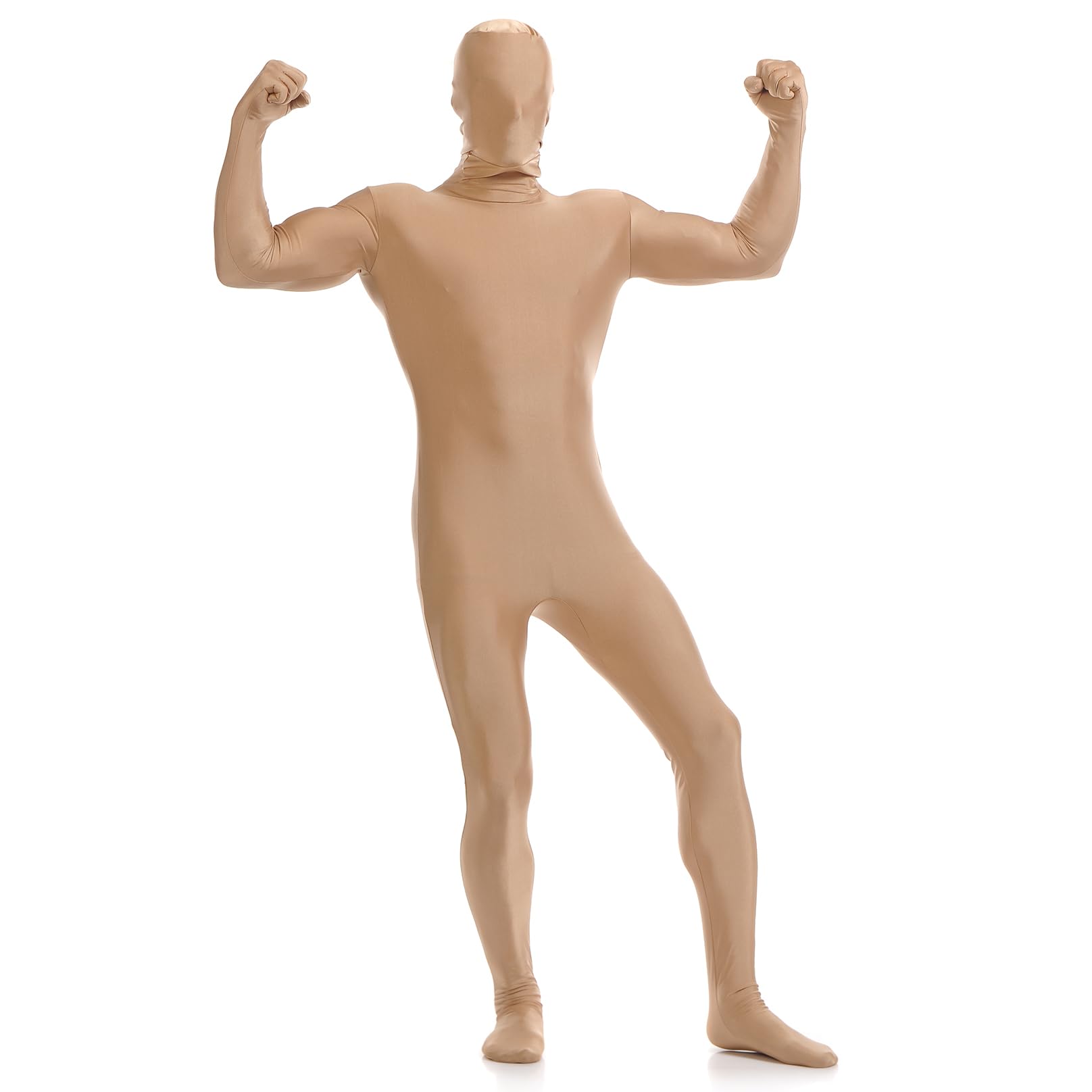LEEMQCYA Men's Brown Full Body Unitard with Mask Long Sleeve