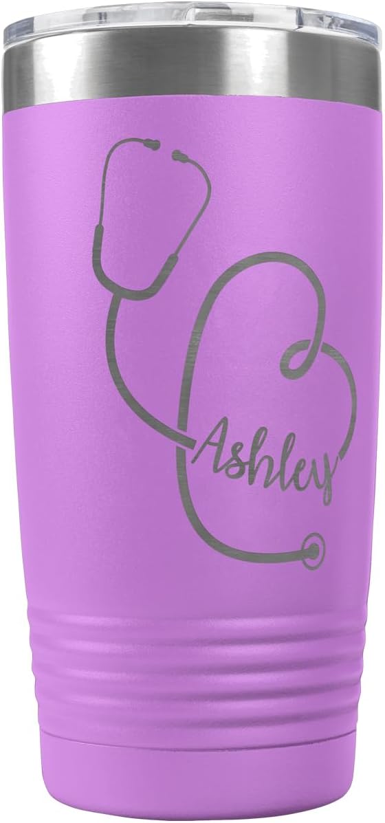 PlaqueMaker Personalized 20-oz Nurse, Doctor, Veterinarian or Medical Professional Tumbler - Add A Name Within The Stethoscope to Make it Special to the Recipient. (Lilac)