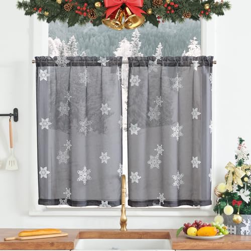 jinchan Snowflake Plaid Christmas Curtains 24 Inch Length Cafe Curtain Red Faux Canvas Textured Knit-Look Tier Curtains Holiday Christmas Decorations for Living Room Small Windows Rod Pocket