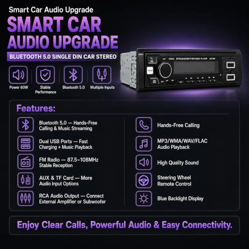 Image of AUTO SNAP Single DIN Car Stereo MP3 Player with USB, AUX, FM Radio, Bluetooth, Hands-Free Calling & Digital Display | Car Music System with Easy Controls with App