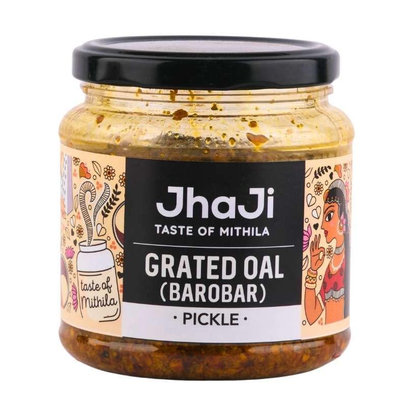 JhaJi Store Oal Ginger Chilli Mix Pickle | Bihari-Style Oal Barobar Achar | Spicy, Tangy, with Gingery Aftertaste | Grated Jimikand & Green Chili | Sun-Dried, No Preservatives | 500g Glass Jar