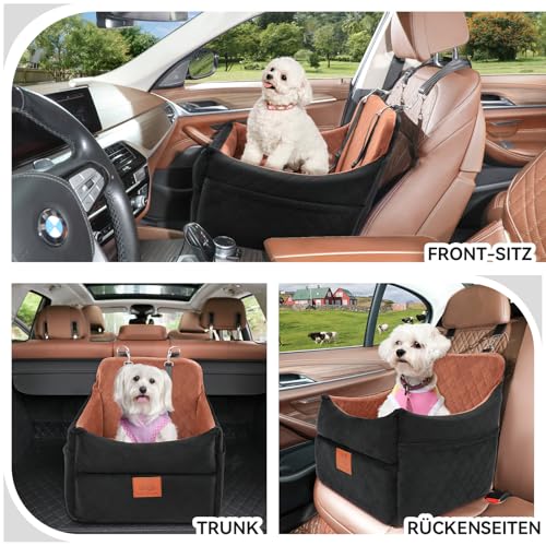 GL GLENSLAVE Hunde-Autositz für kleine/mittlere Hunde, Hundeautositz mit Dicker Polsterung unter 35 Pfund, Abnehmbarer, waschbarer Autositz für Haustiere (schwarz/braun)
