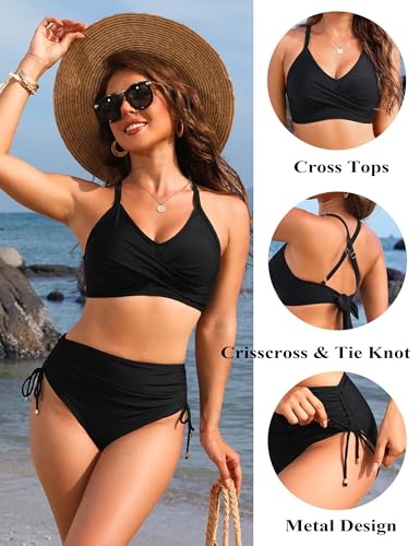 Image of Blooming Jelly Womens High Waisted Bikini Sets Drawstring Tummy Control Swimsuits Crisscross Tie Back Bathing Suit