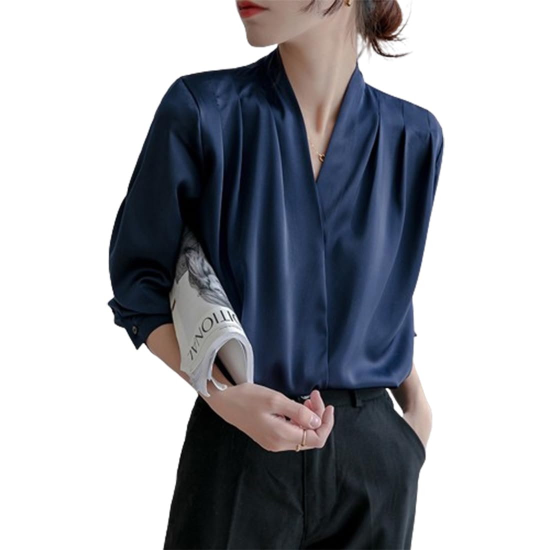 QUYNAGER Women's Elegant Satin Blouse,Casual Fashion Solid Long Sleeve Wrap V Neck Blouse Shirt Top,Satin Blouses for Women (Navy Blue,XX-Large)
