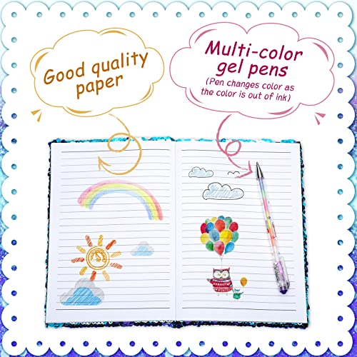 Image of Outus 4 Pcs Sequin Girls Journal Valentines Journal Gift with Color Gel Ink Pens Glitter Notebook Flip Writing Diary for Kids Girl Writing Drawing Travel Gifts(Blue Purple,Heart)