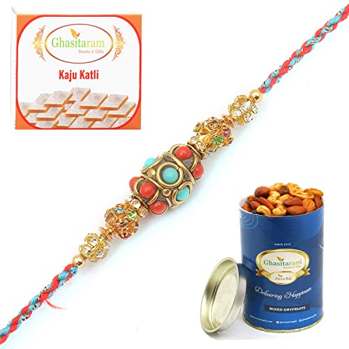 Ghasitaram Gifts Rakhi for Brother Rakhis Online – RM571 – Blue Ethnic Bracelet Rakhi with 100 gms of Dryfruits Mix Can 200 gms of Kaju katli Ghasitaram Gifts Rakhi for Brother Rakhis Online – RM571 – Blue Ethnic Bracelet Rakhi with 100 gms of Dryfruits Mix Can 200 gms of Kaju katli