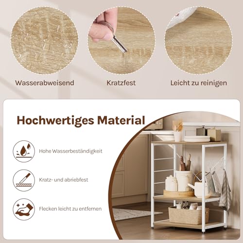 Foto von WOLTU Küchenregal, Standregal Mikrowellenhalter, Bäcker Regal Metallregal aus Holz und Stahl, mit 3 Ablagen, ca. 60 x 82 x 40 cm, Weiß + Hell Eiche