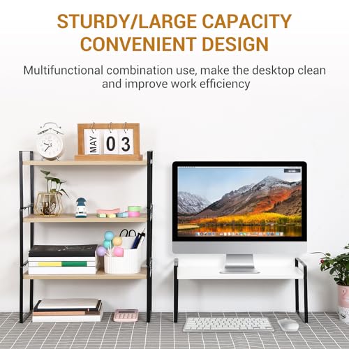 Image of Desk Shelf Organizer for Top of Desk, Detachable 2 Tier Desktop Bookshelf, Wooden Desk Shelves Storage Rack, Small Desktop Shelf for Office Home Dorm, Tabletop Desk Organizer Stand (White+Black)