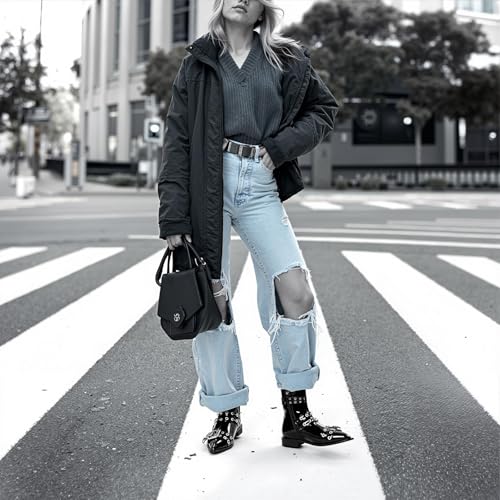 KaroNairy Buckle Ankle Boots for Women Low Heel Zip Chelsea Boots Pointed Toe Fashion Dress Short Booties4