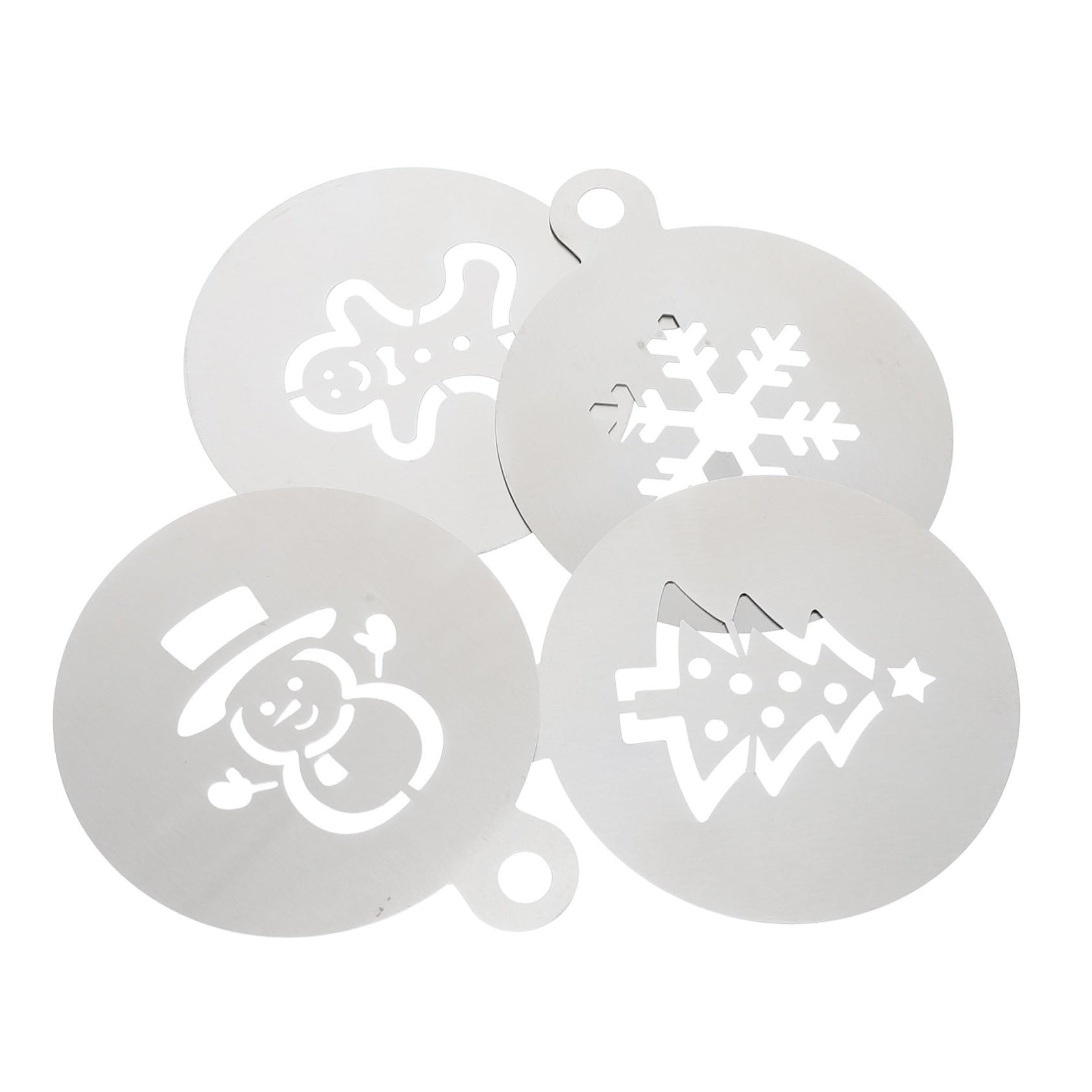Cabilock 4pcs Reusable Christmas Cake Stencils for Creative Baking for Holiday Coffee Art and Dessert Decoration Includes Gingerbread Man Snowflake Snowman and Christmas Tree Designs