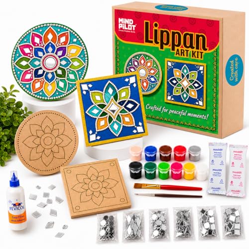 Image of Mind Pilot Lippan Art Kit for Adults & Kids | DIY Mirror Art & Clay Wall Decor Kit - 2 Pre-Marked Coasters, Mouldit Clay, 150+ Mirror Pieces, 12 Colours | Make-Your-Own Home Decor & Craft | Birthday Return Gift