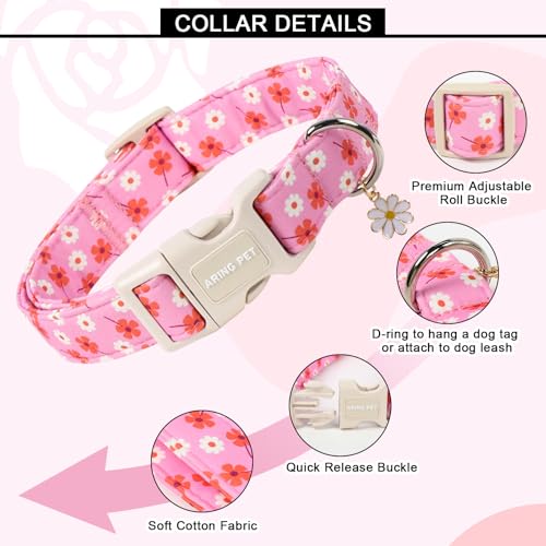 Image of ARING PET Girl Dog Collar for Puppy Small Medium Large Dogs-Pink Floral M | Cute Spring Summer Flower Pet Collars for XS S M L XL Girl Female Dogs, Soft Comfy Sturdy, Neighborhood Stroll Everyday Wear
