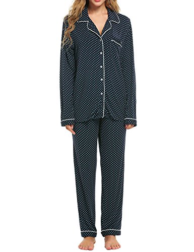 Ekouaer Long Sleeve Pj Set with Pajama Longs with Pj Pants(Dark Blue,Small)