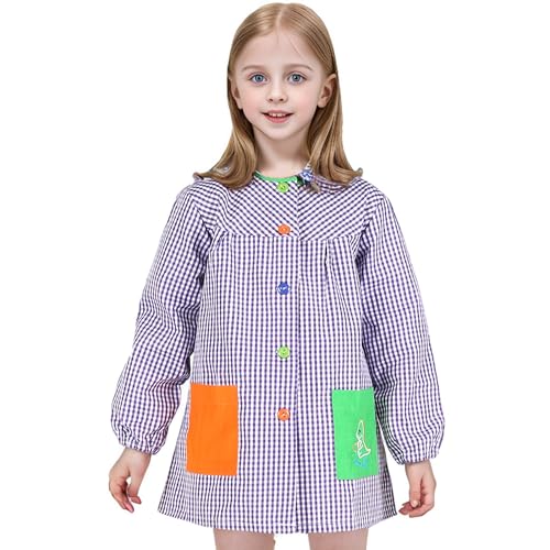 H HANSEL HOME Bata Escolar Infantil con Botones para 4-5 años, Babi Infantil Bata con dos Bolsillos Niño y Niña para Guarderia y Colegio - Lila, Talla 3(4-5 años)
