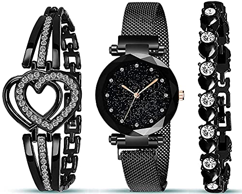 The Shopoholic Branded Analogue Diamond Black Dial Magnet Women Watches Casual Analogue Women’s Watch with Gift Bracelet…