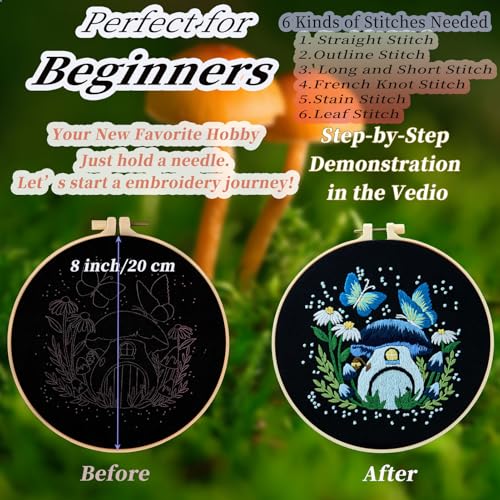 Image of FONNUY Crewel Embroidery Kit for Beginners, Pre-Stamped Pattern Kits for Adults with Hoop, Easy to Follow Color Thread Needlework, 8'' Hoop (Mushroom A)