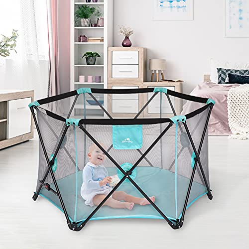 Image of Kinbor Baby Portable Playard Green –Play Pen for Indoor and Outdoor Use with Fast Easy and Compact Fold Includes Carry Case for Babies Toddler (Without Canopy)