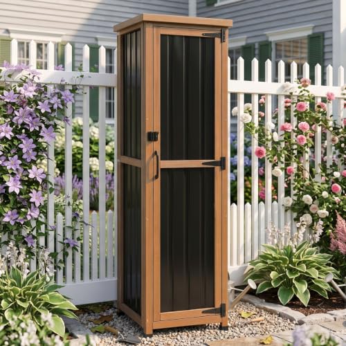 Image of 62 inch H Tall Narrow Outdoor Storage Cabinet with Metal Top, Outdoor Shed Storage Unit Waterproof with Adjustable Shelves for Garden, Patio, Living Room, or Entryway Storage, Black