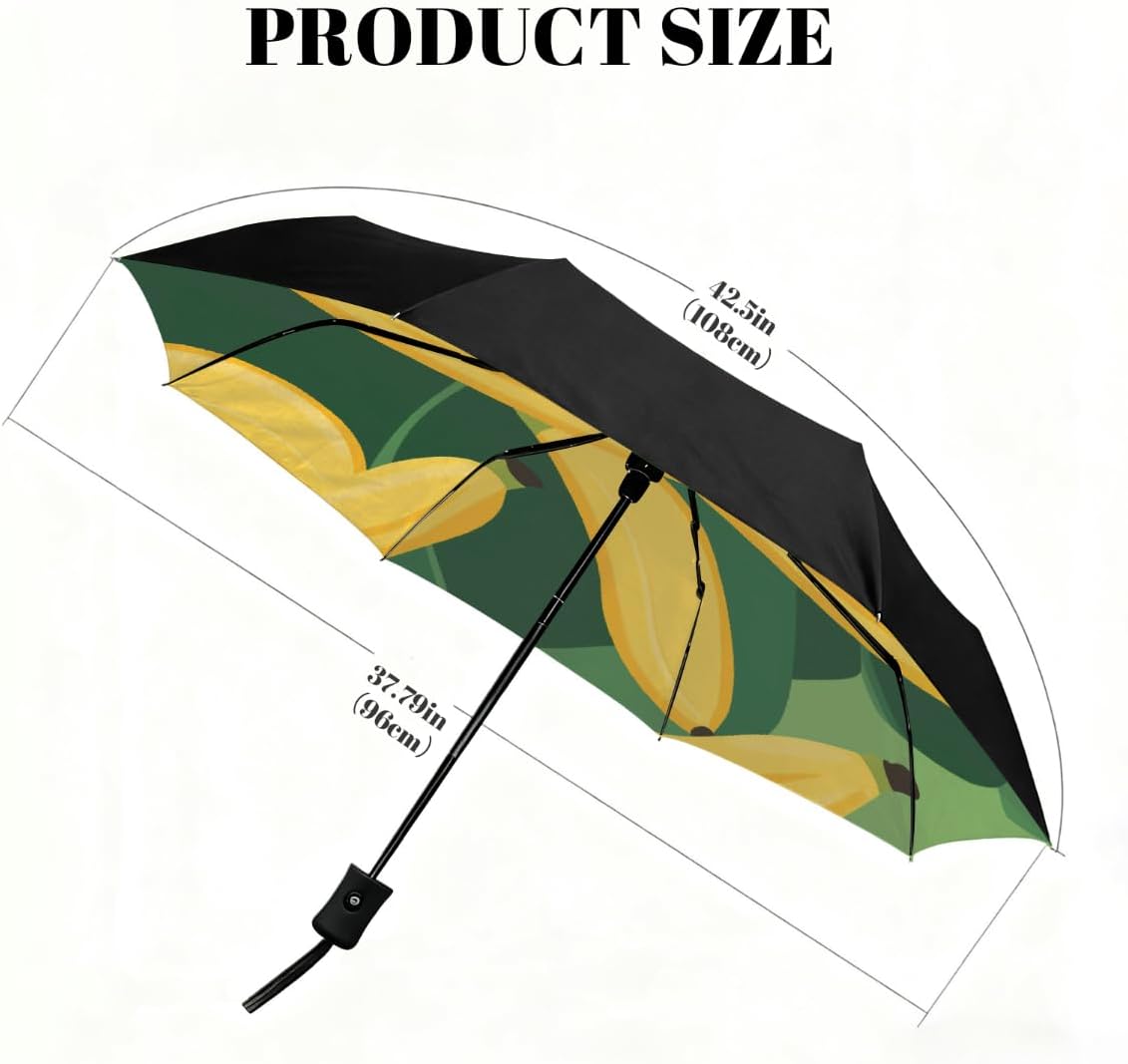 Yellow Bananas Leaves Pattern Folding Umbrella Windproof Compact Lightweight Travel Umbrella with 8 Reinforced Ribs, Portable UV Sun & Rain Protection for Men & Women