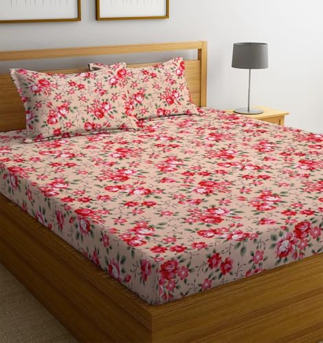 Image of la' Amour Premium Cotton Elastic Fitted Bedsheets with 2 King Size Pillow Covers Double Bed with All Around Elastic Supersoft Size - 72 King Sizex78+10 inches Light Pink Floral Print 200 tc - 220 tc