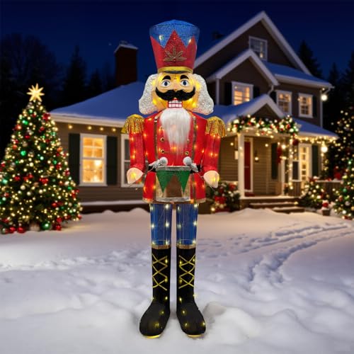 5FT Outdoor Christmas Lighted 3D Nutcracker with Drum,100 LEDs Lighted-up,Outdoor