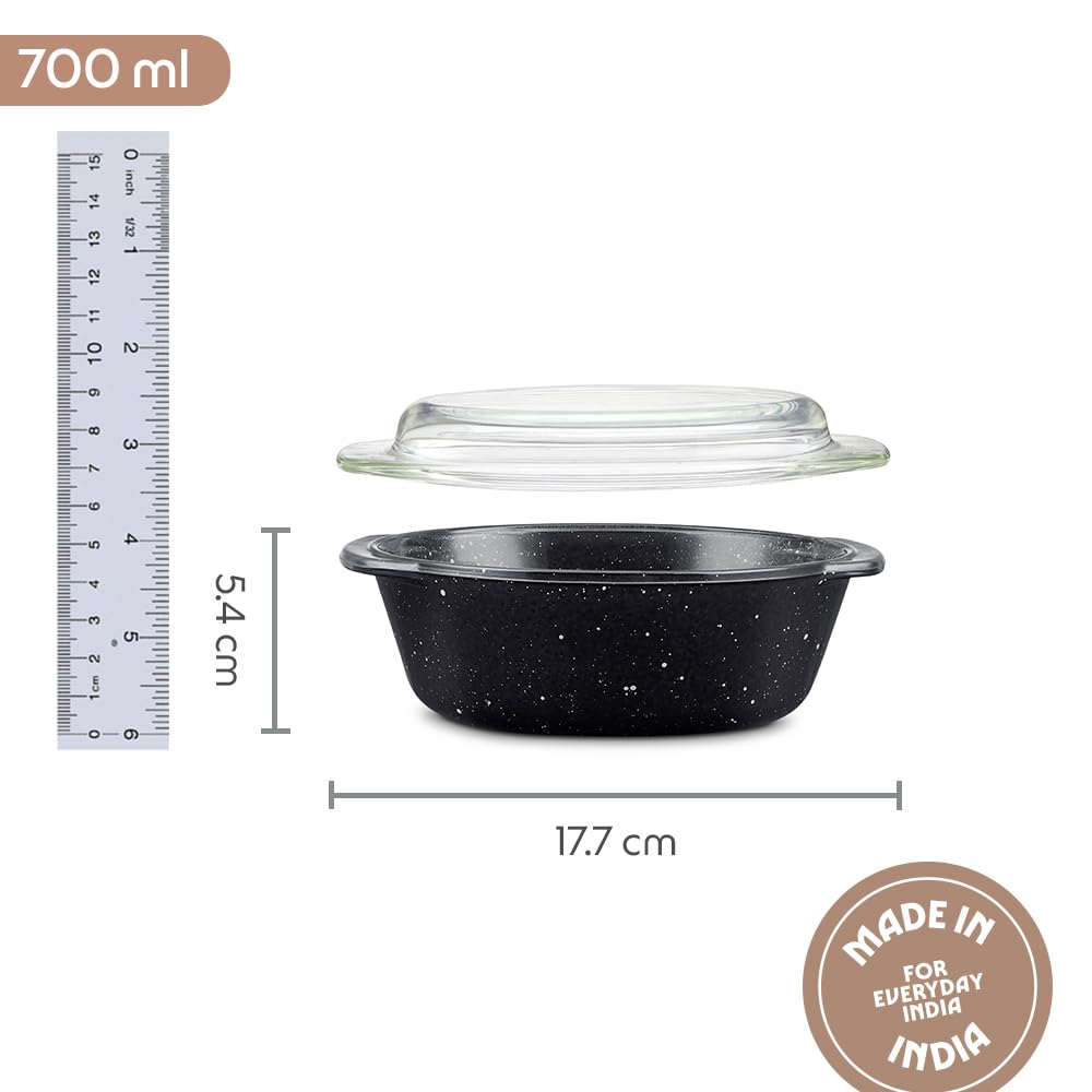 Borosil 700ml Pebble Black Round Deep Casserole with Lid | Borosilicate Glass Bakeware & Serveware Bowl with Flat Lid | Microwave, Dishawasher & Oven Safe Multipurpose Bowl for Mixing Dough, Salad, Batter 1