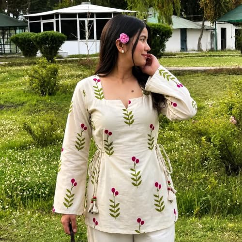 Image of Women's Rayon Printed Short Kurti with Square Neck & Long Flared Sleeves - Stylish Ethnic Casual Wear with Tie Detailing