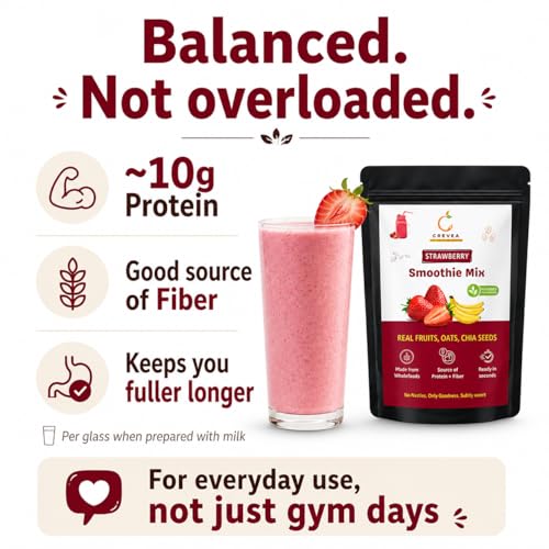 Image of Crevea Strawberry Smoothie Mix (Serves 7-8) | Real Fruit, Oats, Chia & Brown Rice Protein | Breakfast & Healthy Snack Drink | Not too sweet | Source of Protein & Fiber | No Added Preservatives | Healthy Shake | 210g