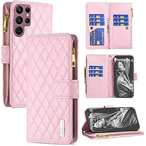 QC-EMART Store for Samsung Galaxy S22 Ultra 5G Phone Wallet Case Ladies PU Leather Purse Large Capacity Card Slots Zipper Pocket Women Clutch Mobile Pouch Cover, Pink Diamond Shape Cover