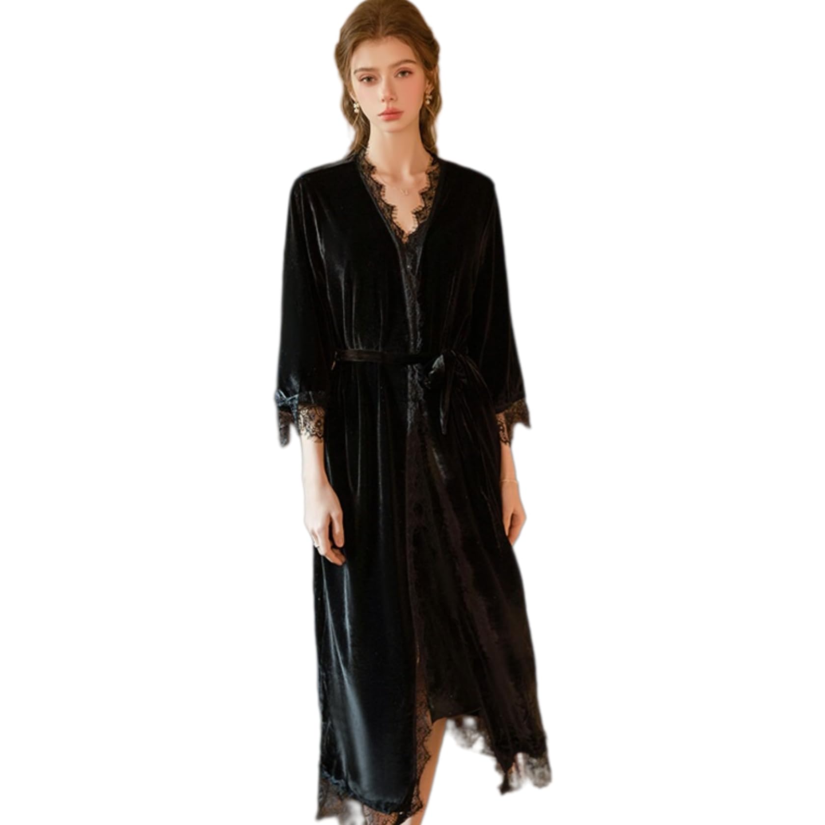 Vestaglia Donna Completo Intimo in Stile Francese, Sexy Ed Elegante, Composto da Camicia da Notte Lunga in Velluto Trasparente con Spacco, Completa di Vestaglia E Abito da Notte.
