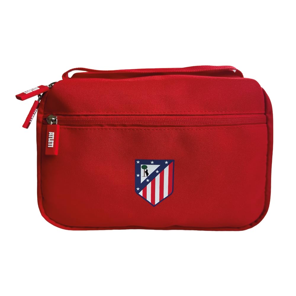 Atlético de Madrid - Neceser de Viaje - Varias Alturas para Guardar Artículos de Aseo - Cierre de Cremallera con Tiradores Personalizados - Percha para Colgar - Producto Oficial del Equipo