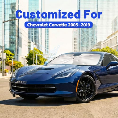 Image of Windshield Sun Shade for Chevrolet Corvette 2005-2019 - Reflective Coated Fabric Sunshade Umbrella for Front Window, UV Protection Heat Shield Sun Blocker Heat Reflector, 1:1 Exact Fit