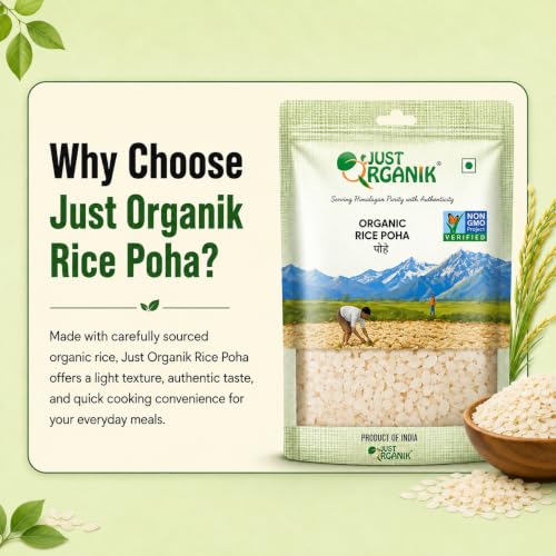 Image of Just Organik - Organic Rice Poha 500 g, certified Organic | Chiwda | Indori poha | Healthy breakfast | Atukula |