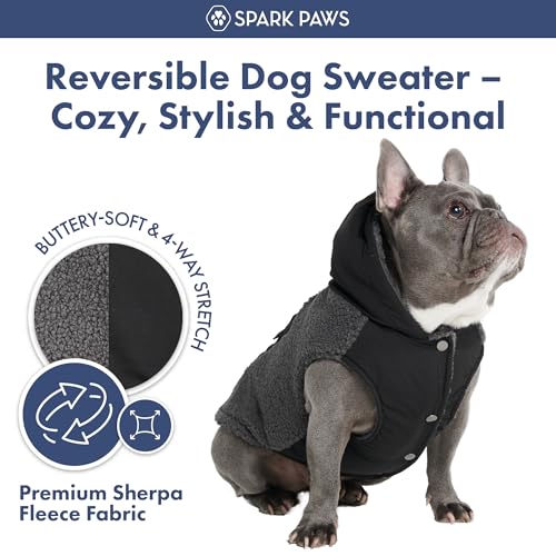 Image of Spark Paws Reversible Dog Hoodie, Sweater for Winter Cold, Warm Clothes for Small Medium Large Breeds - Black and Grey - XL