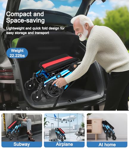 Image of Wheelchairs for Adults,Transport Wheelchair Lightweight Foldable Chairs with Handbrakes,Portable Wheelchair Travel Wheel Chairs for Seniors,Walkers for Seniors Support 300lbs(Blue)
