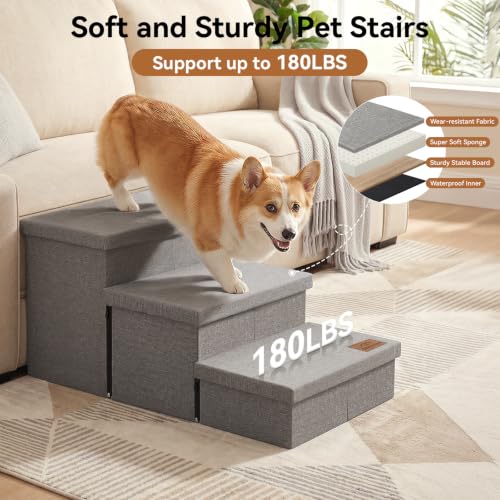 Image of Zerbuger Dog Stairs with Storage, Small Grey 3 Steps Dog Ramp no Condo | 18 inch H Wider Dog Steps for High Beds Couch, Folding Storage Pet Stairs Gift for Climbing Small /Medium /Large Old Dogs Cats