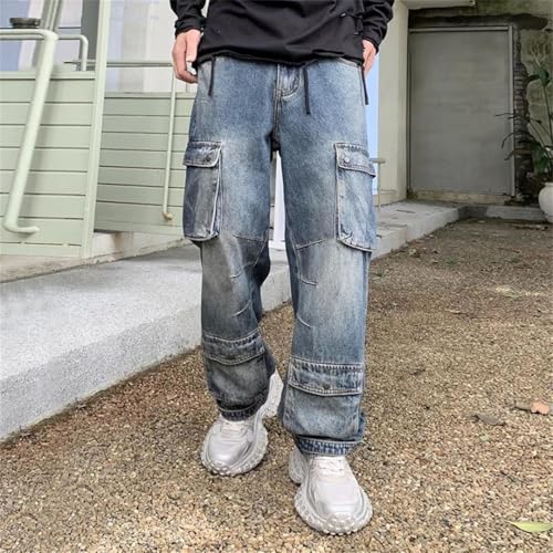 Men's Motorcycle Straight Jeans Big Pocket Loose Wide Leg High Street Jeans2