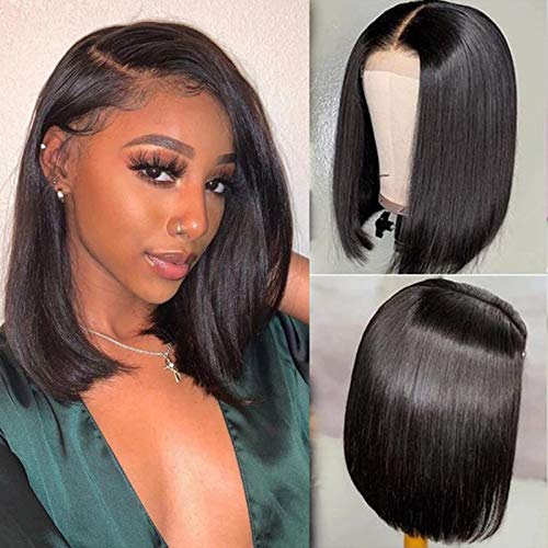 Aamzic Human Hair Lace Front Wigs Human Hair Wigs 13x4 Straight Lace Front Wigs for Black Women Short Bob Wigs 150% Density Natural Black 12Inch