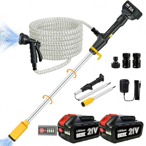 Cordless Stick Water Transfer Pump: 770 GPH Portable Submersible Water Pump with 2x4.0Ah Batteries & Charger 32ft Max Lift 16.5ft Steel-Wire Hose 8-Mode Nozzle for Pool Pond Garden Flood(Yellow)