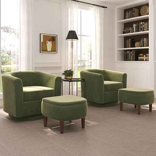 zzlay Swivel Accent Chair with Storage Ottoman Set of 2, Modern Velvet Barrel Chair, Upholstered Armchair with Footrest for Living Room/Reading/Bedroom, 25.4'' D x 28.35'' W x 24.4'' H, Green