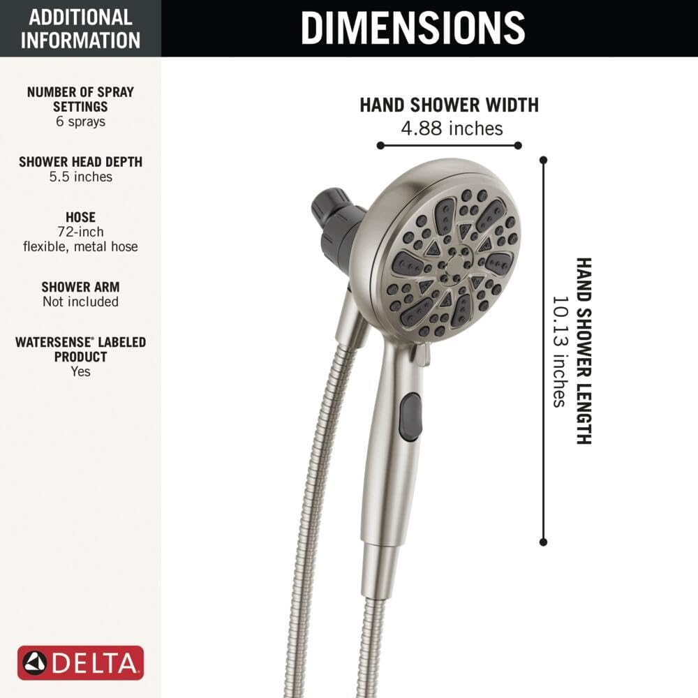 Delta Faucet 6-Spray SureDock Magnetic Shower Head with Handheld Spray, Brushed Nickel Shower Head with Hose, Showerheads & Handheld Showers, MagnaTite Docking, Stainless 75609SN